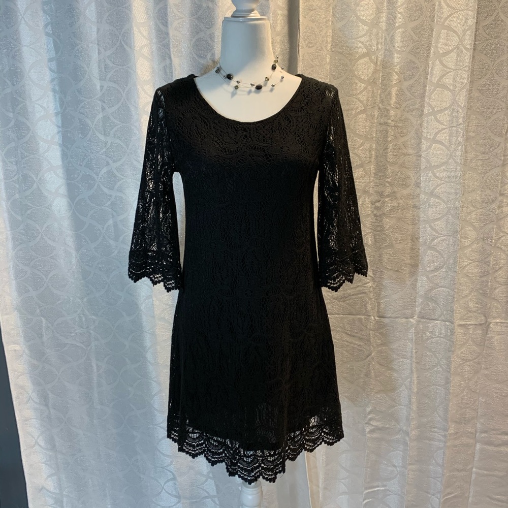 Black Short Dress with Crochet Overlay